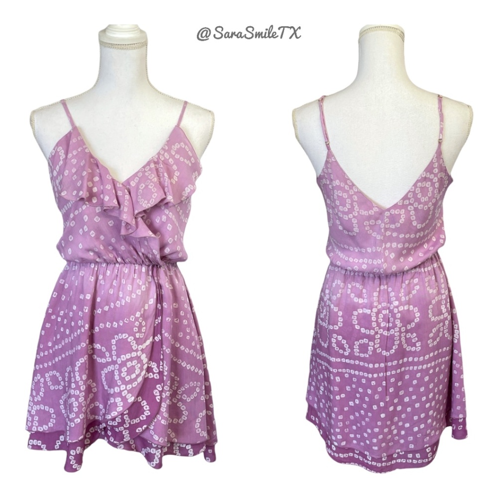 INDAH - Molly - Boho Ruffle Purple White Print Faux Wrap Mini Slip Dress